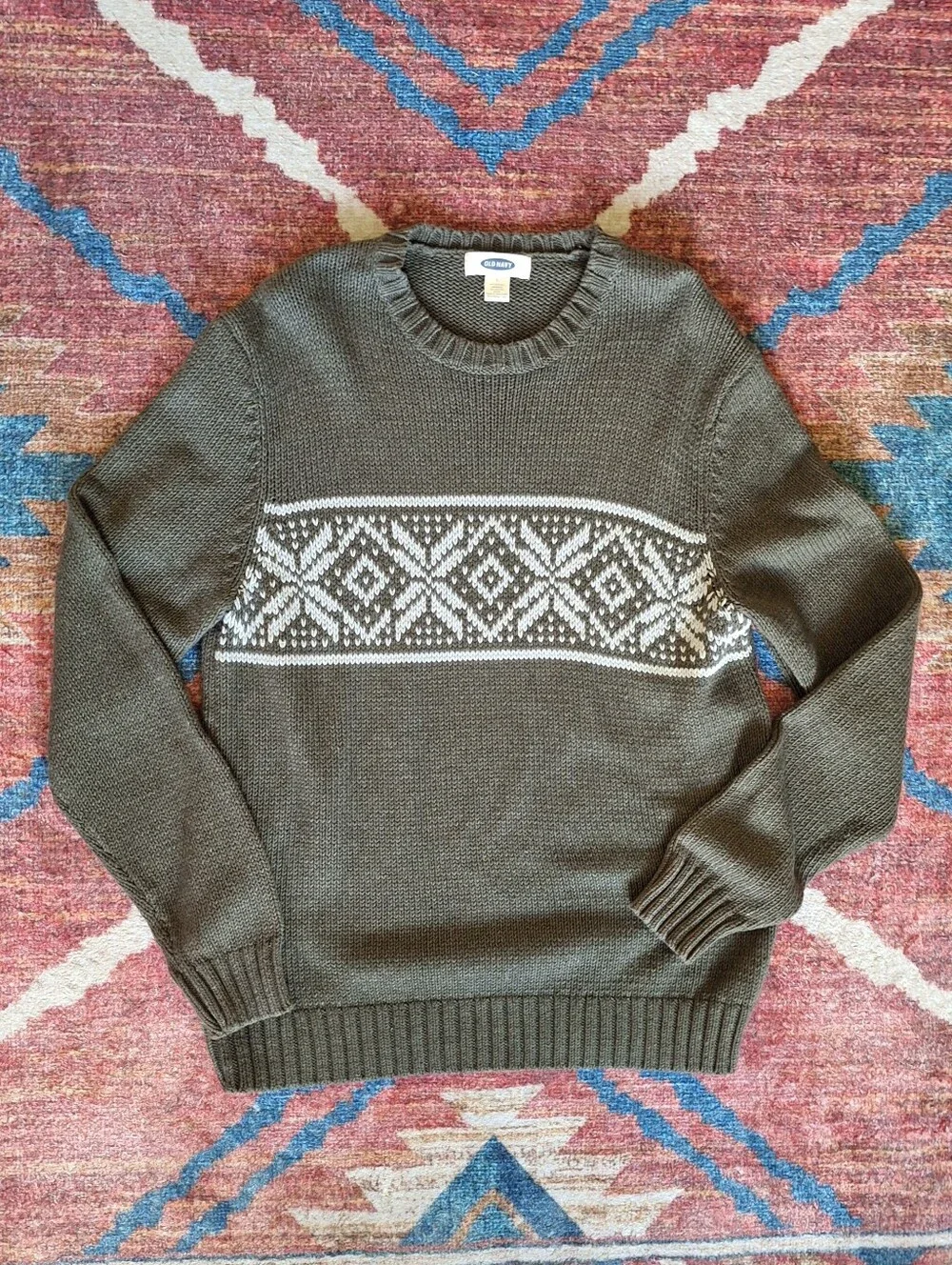 Old Navy Olive Crewneck with White Fair Isle Stripe